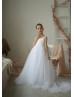 Beaded White Lace Tulle Sheer Back Flower Girl Dress